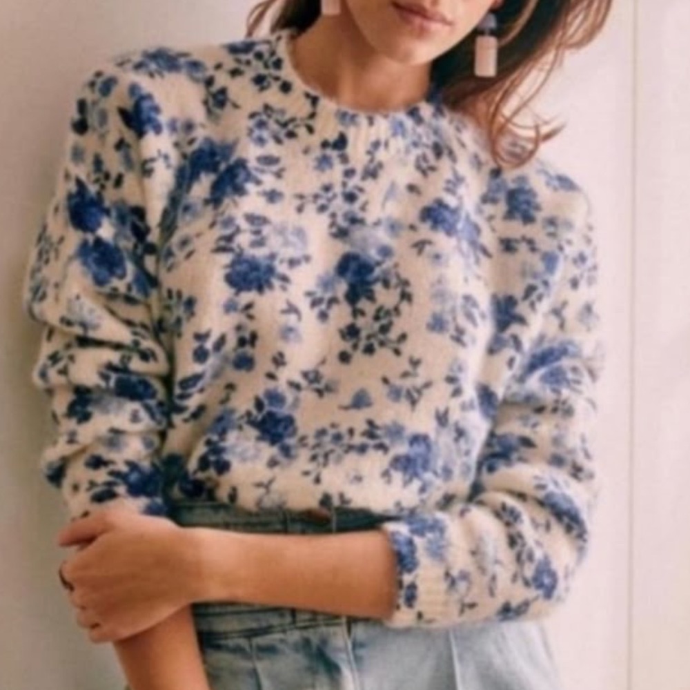 Sezane Cream and Blue Floral Crew Neck Sweater